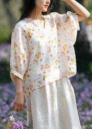 Yellow Low High Design Patchwork Linen Shirts V Neck Summer