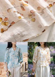 Yellow Low High Design Patchwork Linen Shirts V Neck Summer