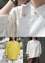 Yellow Low High Design Patchwork Linen Tops Stand Collar Long Sleeve