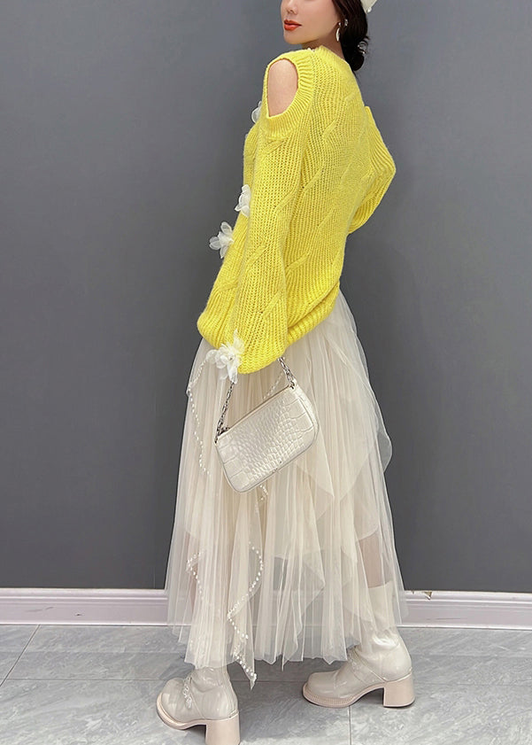 Yellow O-Neck Knit Top And Tulle Maxi Skirts Two Pieces Set Fall