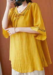 Yellow O-Neck Patchwork Solid Shirts Half Sleeve
