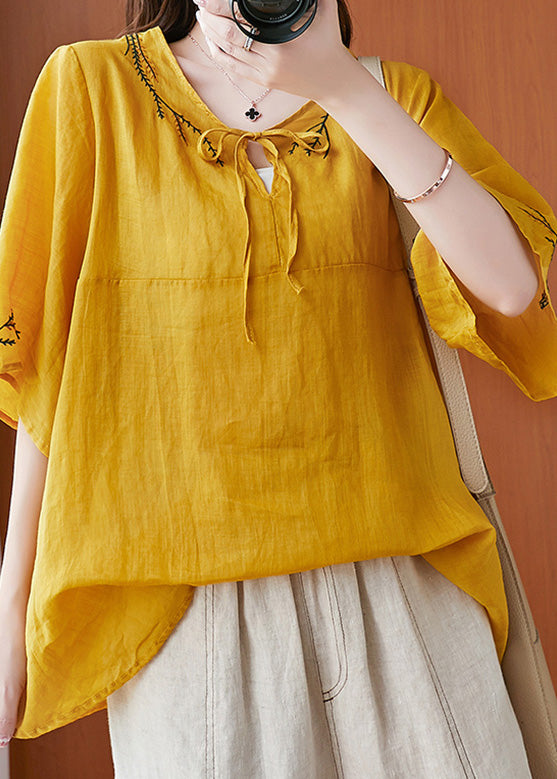 Yellow O-Neck Patchwork Solid Shirts Half Sleeve