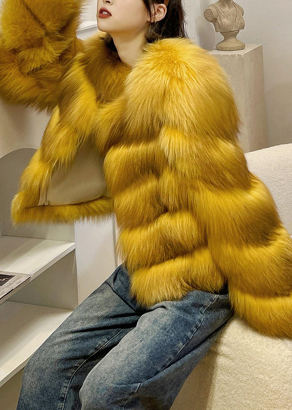 Yellow O-Neck Zippered Leather And Fur Coat Winter