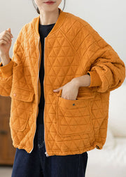 Yellow O-Neck Zippered Plaid Thick Coats Long Sleeve