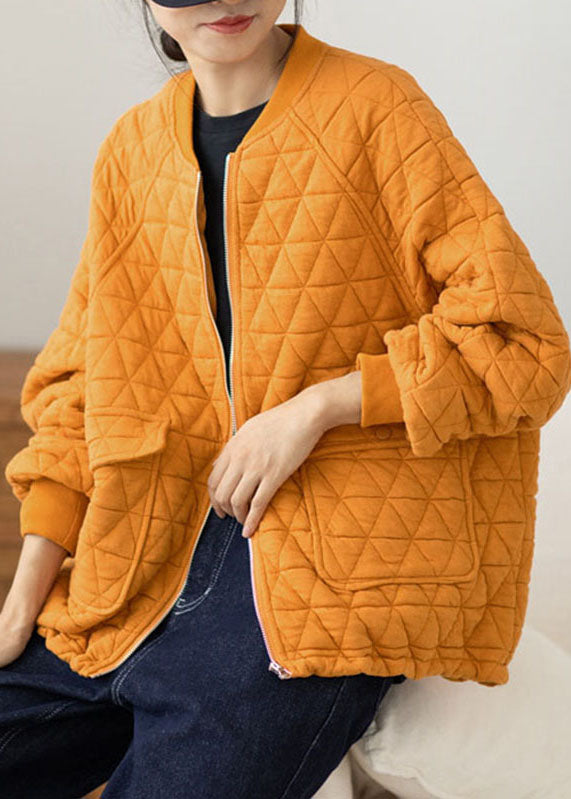 Yellow O-Neck Zippered Plaid Thick Coats Long Sleeve
