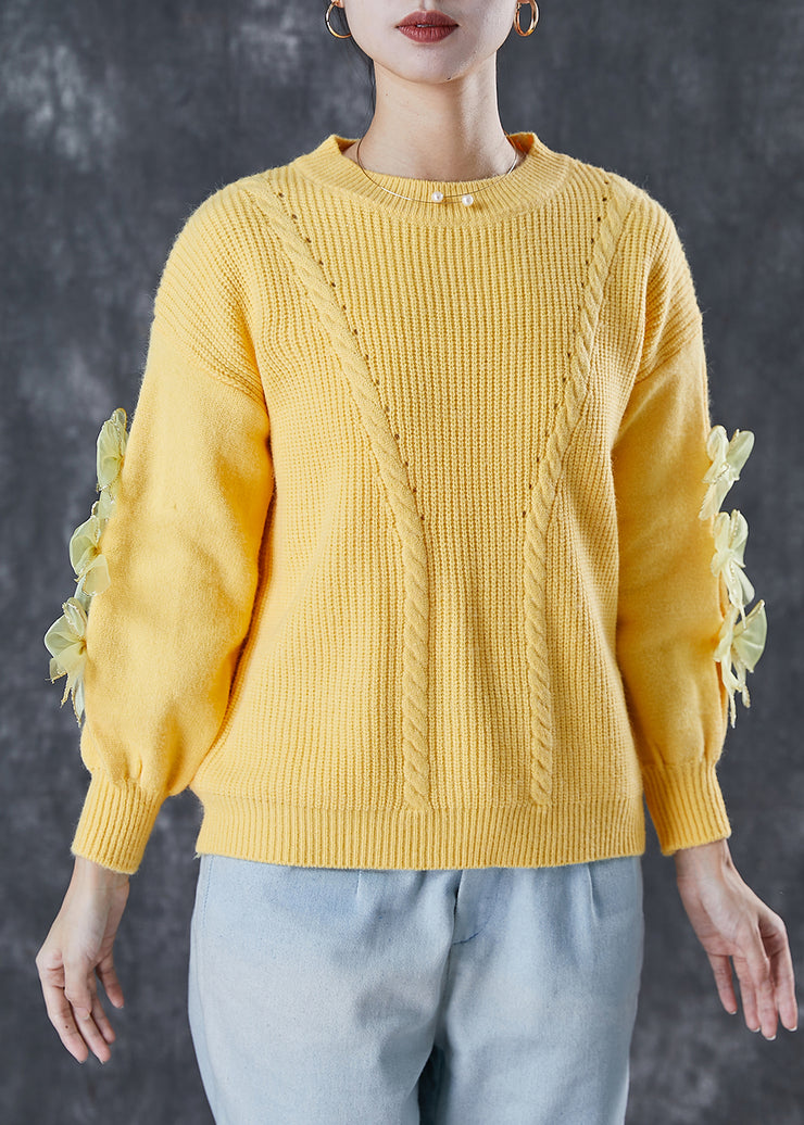 Yellow Patchwork Bow Knit Pullover Thick Winter