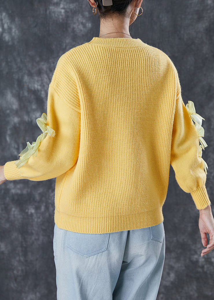 Yellow Patchwork Bow Knit Pullover Thick Winter