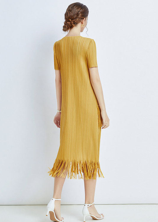 Yellow Patchwork Chiffon Loose Long Dresses O Neck Tasseled Summer