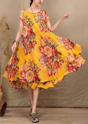 Yellow Patchwork Cotton Exra Large Hem Dresses O Neck Summer