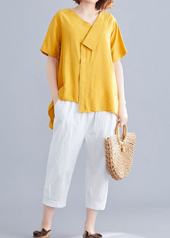 Yellow Patchwork Cotton T Shirts Asymmetrical V Neck Short Sleeve