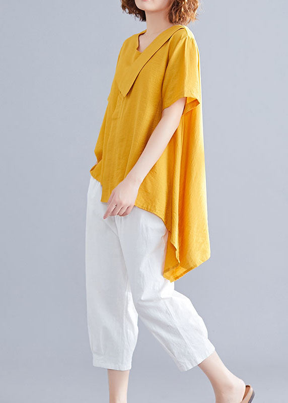Yellow Patchwork Cotton T Shirts Asymmetrical V Neck Short Sleeve