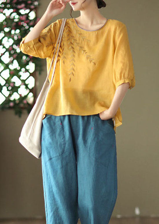 Yellow Patchwork Cotton Top O Neck Embroidered Summer