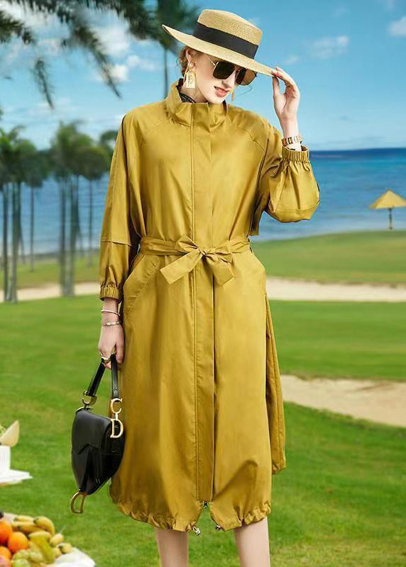 Yellow Patchwork Cotton Trench Stand Collar Tie Waist Fall