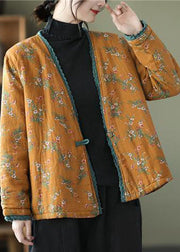 Yellow Patchwork Lace Fine Cotton Filled Cardigan V Neck Print Winter