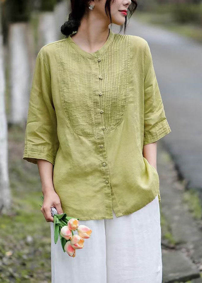Yellow Patchwork Linen Blouses Button Wrinkled Bracelet Sleeve