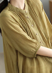 Yellow Patchwork Linen Shirts Dresses Stand Collar Button Summer
