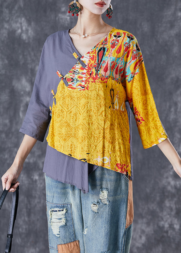 Yellow Patchwork Linen Shirts V Neck Chinese Button Summer