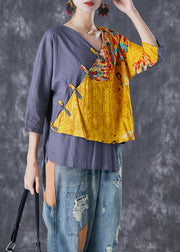 Yellow Patchwork Linen Shirts V Neck Chinese Button Summer