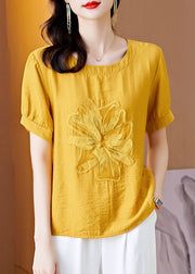 Yellow Patchwork Linen T Shirt Embroidered Wrinkled Summer