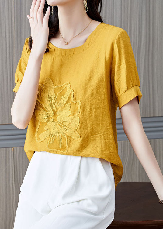 Yellow Patchwork Linen T Shirt Embroidered Wrinkled Summer