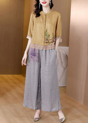 Yellow Patchwork Linen Two Pieces Set Stand Collar Embroidered Summer
