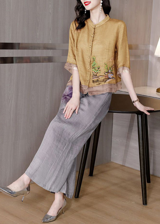 Yellow Patchwork Linen Two Pieces Set Stand Collar Embroidered Summer