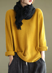 Yellow Patchwork Loose Knitting Tops Cotton V Neck Fall
