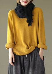 Yellow Patchwork Loose Knitting Tops Cotton V Neck Fall