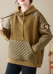 Yellow Patchwork Pockets Warm Fleece Sweatshirt Streetwear Drawstring Winter