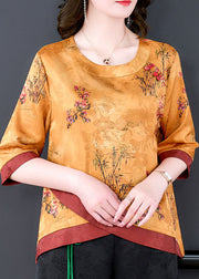 Yellow Patchwork Print Silk Blouse Top O Neck Bracelet Sleeve