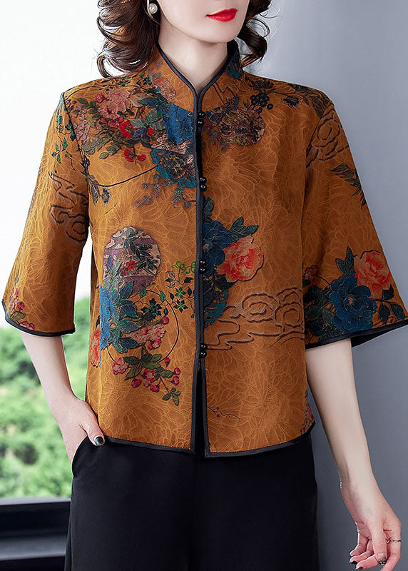 Yellow Patchwork Print Silk Shirt Top Chinese Button Spring