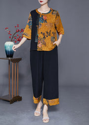 Yellow Patchwork Silk 2 Piece Outfit O-Neck Print Half Sleeve