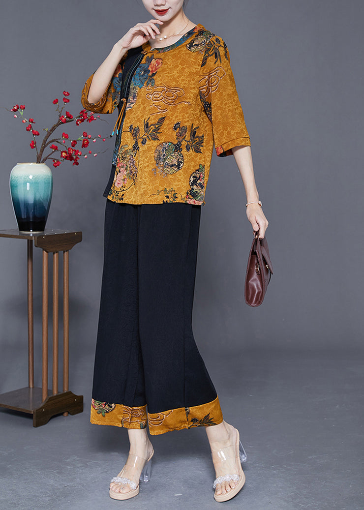 Yellow Patchwork Silk 2 Piece Outfit O-Neck Print Half Sleeve