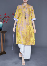 Yellow Patchwork Silk Chinese Style Dress Print Half Sleeve