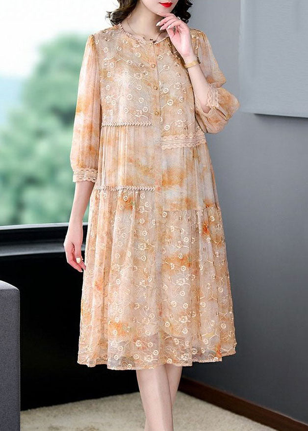 Yellow Patchwork Silk Dress Embroidered Wrinkled Summer