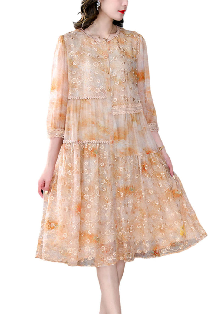 Yellow Patchwork Silk Dress Embroidered Wrinkled Summer