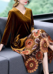 Yellow Patchwork Silk Velour Maxi Dresses Embroidered V Neck Spring
