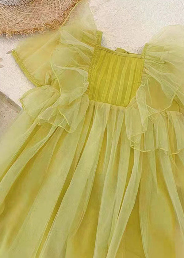 Yellow Patchwork Tulle Baby Girls Princess Dresses Wrinkled Summer