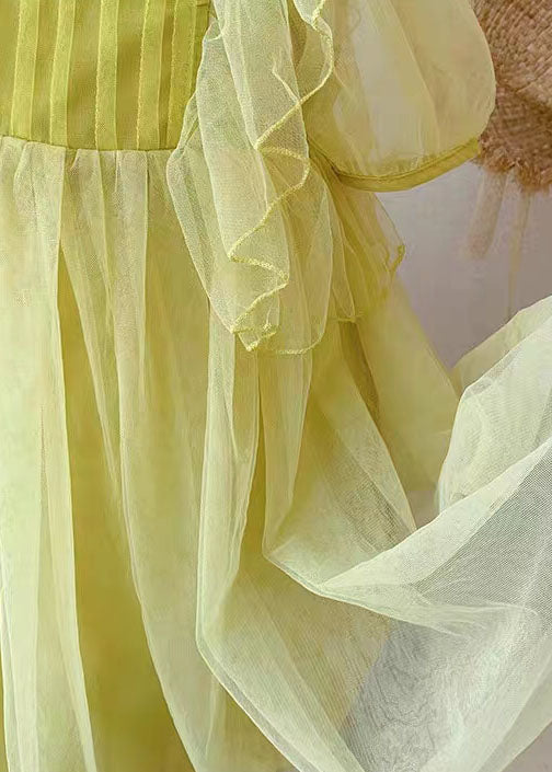 Yellow Patchwork Tulle Baby Girls Princess Dresses Wrinkled Summer
