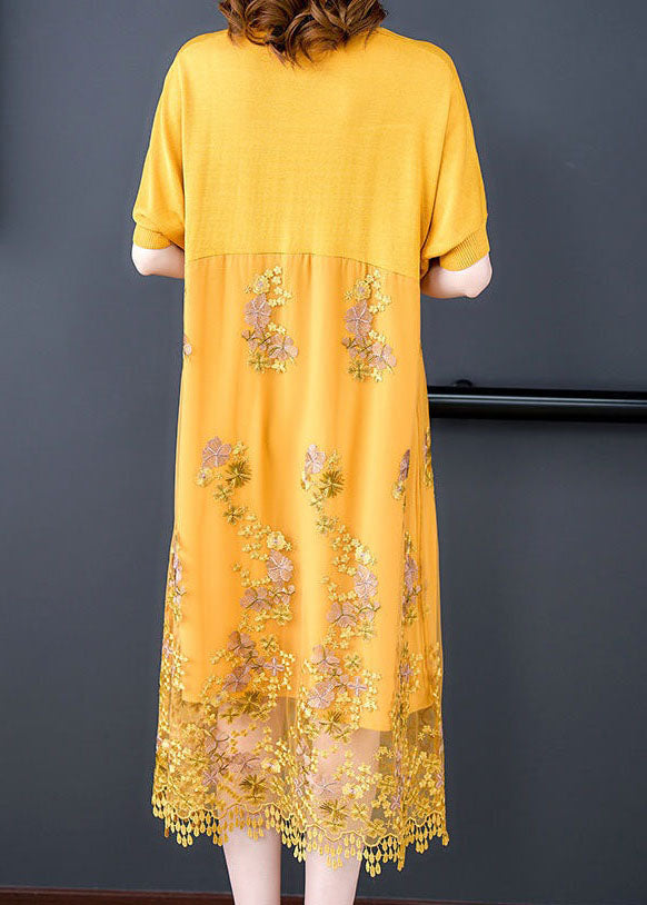 Yellow Patchwork Tulle Dresses Embroidered V Neck Summer