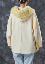 Yellow Patchwork Woolen Coats Hooded Pockets Spring