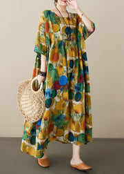 Yellow Patchwork Wrinkled Vacation Maxi Dresses Half Sleeve