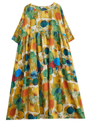 Yellow Patchwork Wrinkled Vacation Maxi Dresses Half Sleeve