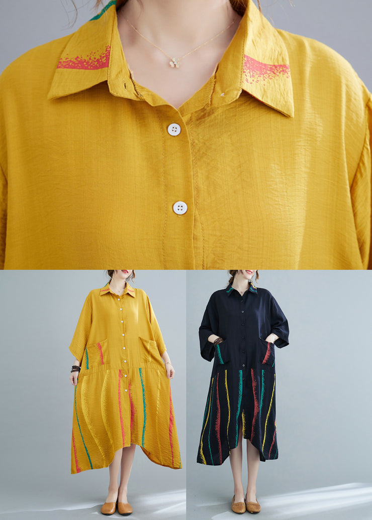 Yellow Peter Pan Collar Button Long Shirts Dress Half Sleeve