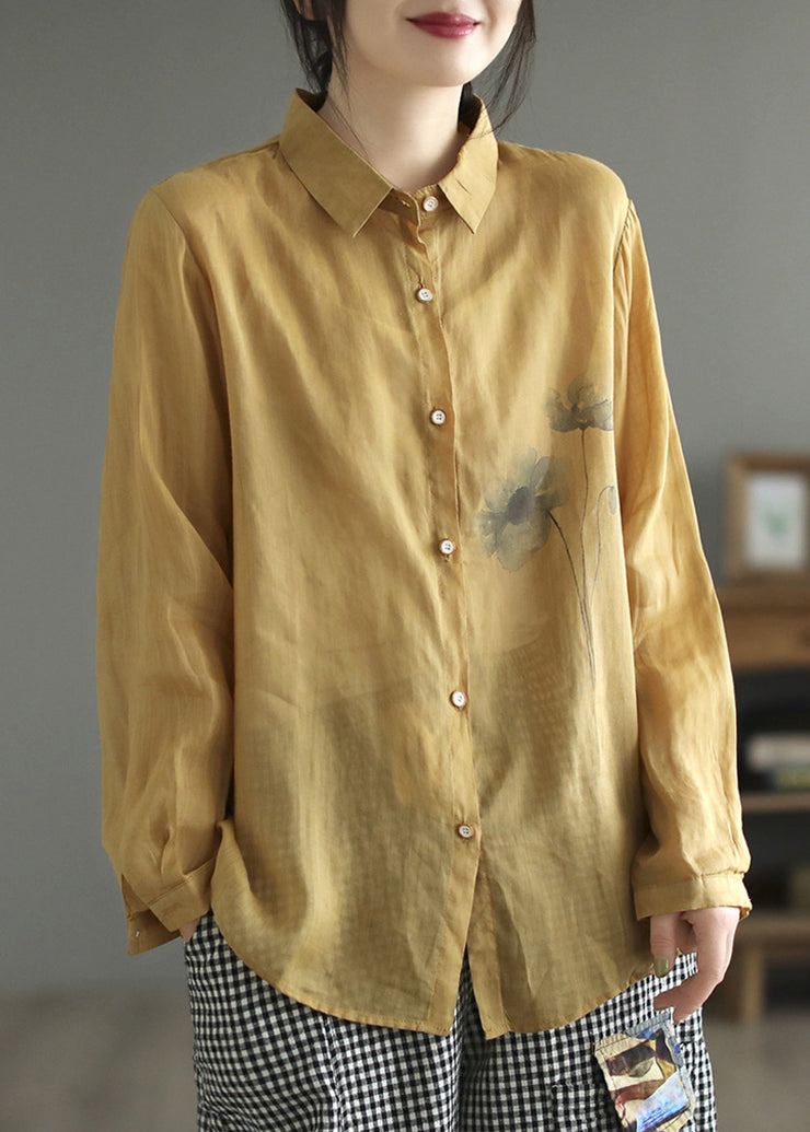Yellow Peter Pan Collar Silk Linen Shirt Long Sleeve