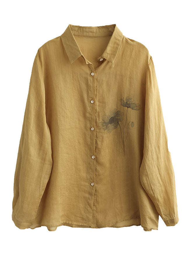 Yellow Peter Pan Collar Silk Linen Shirt Long Sleeve