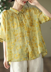 Yellow Peter Pan Collar low high design Linen Shirt Half Sleeve