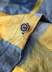 Yellow Plaid Cotton Blouse Top Peter Pan Collar Long Sleeve