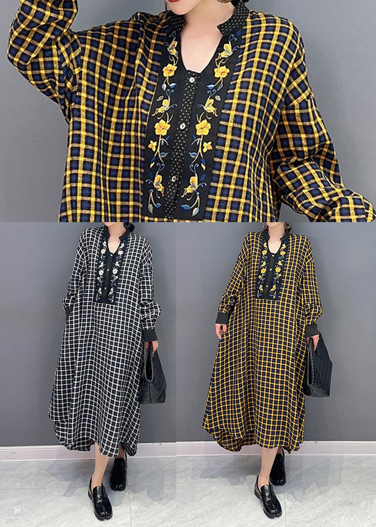 Yellow Plaid Patchwork Maxi Dresses Oversized Spring