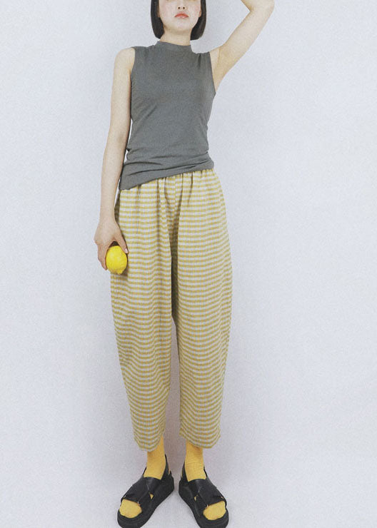 Yellow Plaid Print Cotton Harem Pants Elastic Waist Pockets Summer